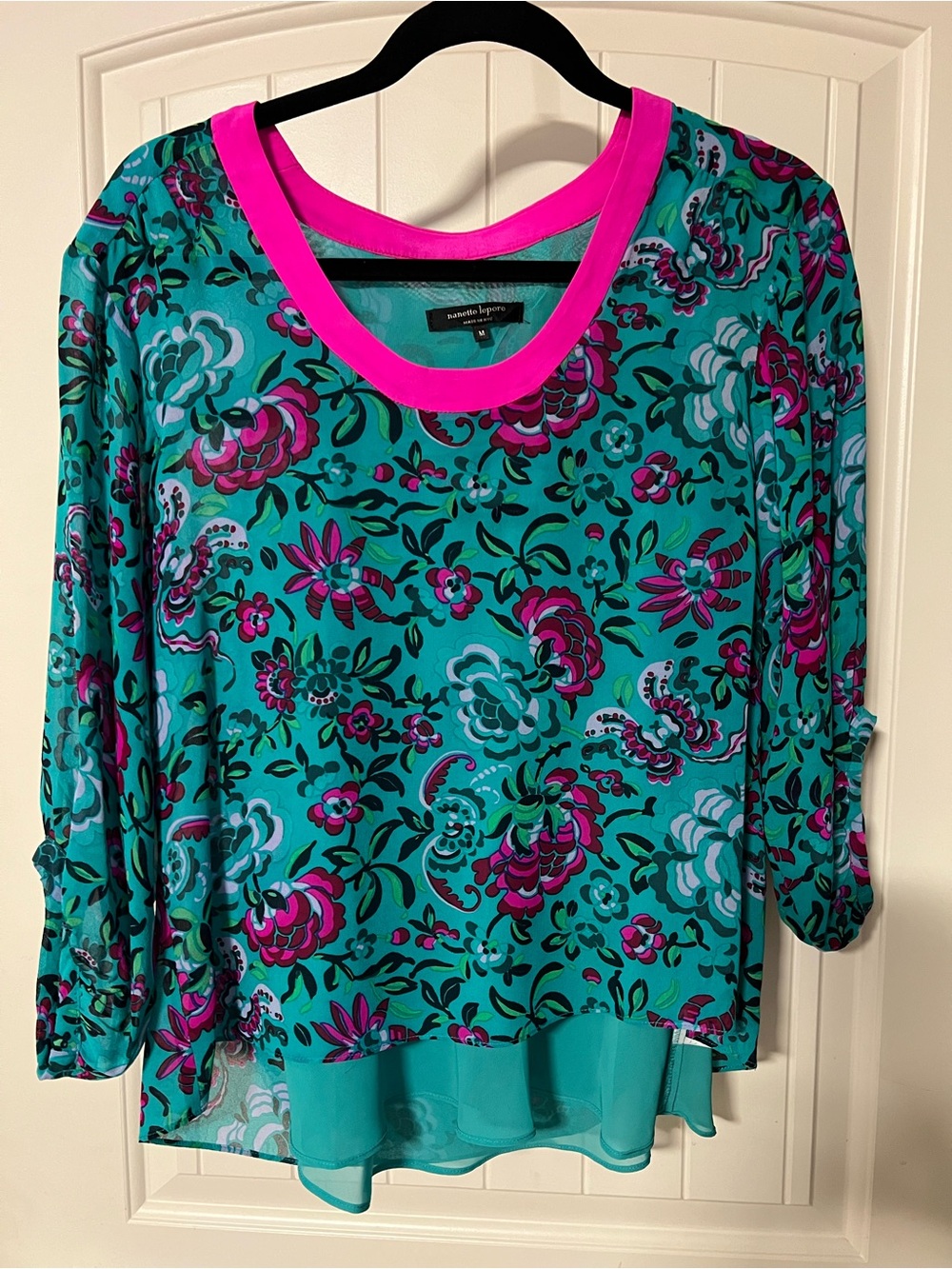 Nanette Lepore Teal and Hot Pink Floral Long Sleeve Scoop Neck Top
